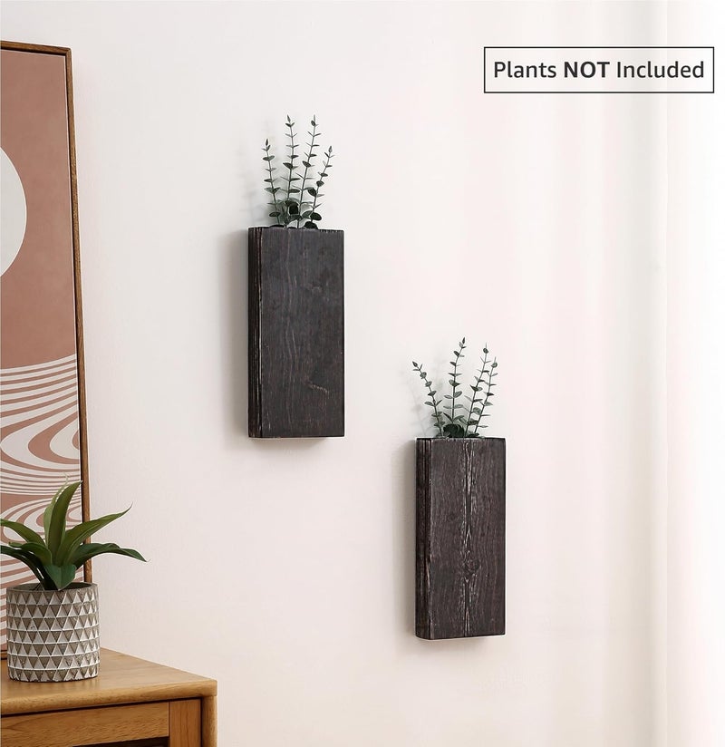 GRID FORTE Wood Wall Planter Set of 2, Wood Wall Pocket for Greenery and Dried Flowers, Indoor Wood Hanging Vase Modern Farmhouse Wall Decor for Living Room Bedroom Office Eucalyptus Stems Decorations (Expresso) - Image 2